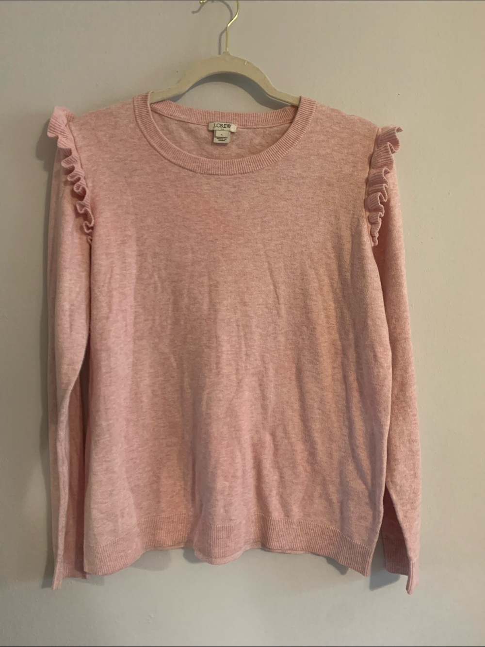 J. CREW Light Pink Ruffle-Shoulder Crewneck Sweater